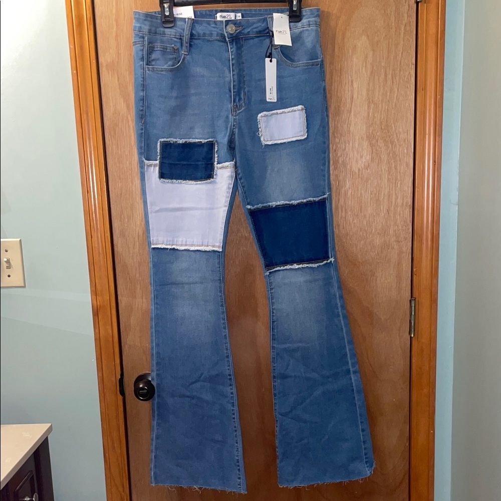 rue21 high rise slim flare patch work jeans nwt size 12